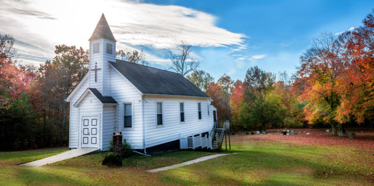 white church in the fall