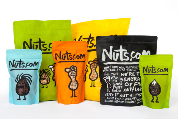 Casual Text Logo for nuts.com displayed on a variety of packaging bag sizes