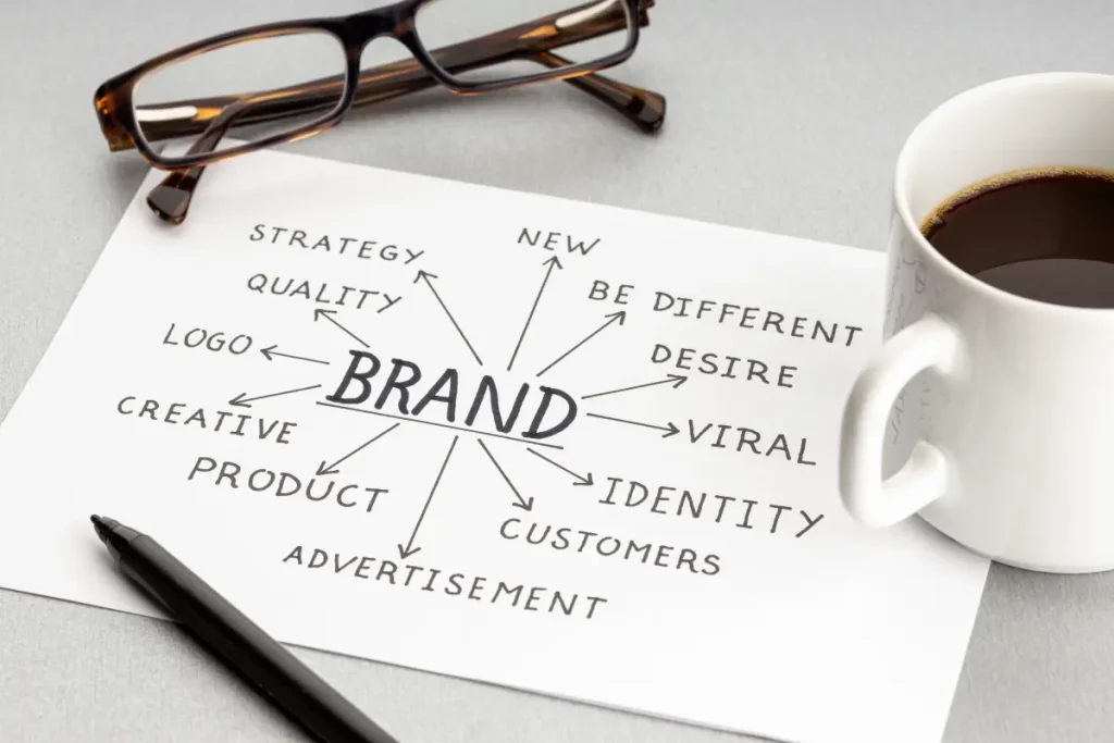 brand identity board on a coffee table, with a pair of glasses and a marker next to it.