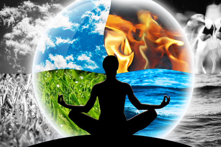 Female yoga figure against background of four elements