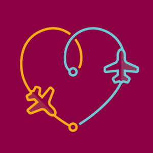 blue and yellow airplanes creating heart