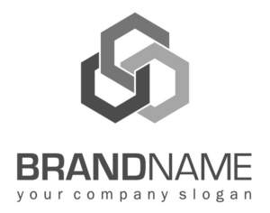 Sample Logo Design with Icon positioned centrally above text in grey scale