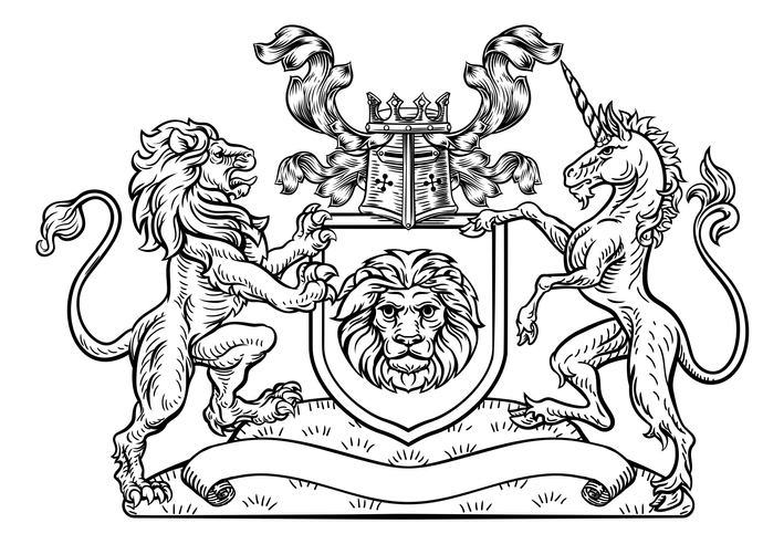 A lion and unicorn heraldic coat of arms