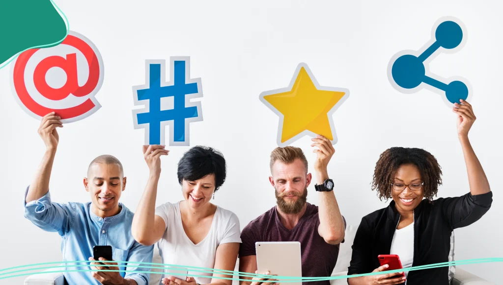 People holding social media icons