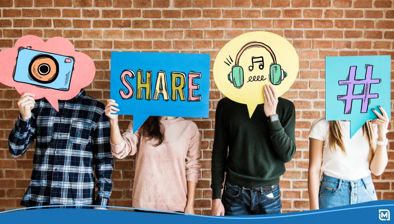 Friends holding up thought bubbles with social media concept icons