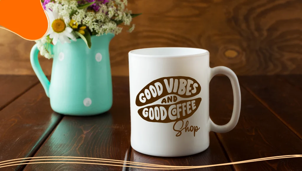 White coffee mug rustic mockup with wildflowers in mint green