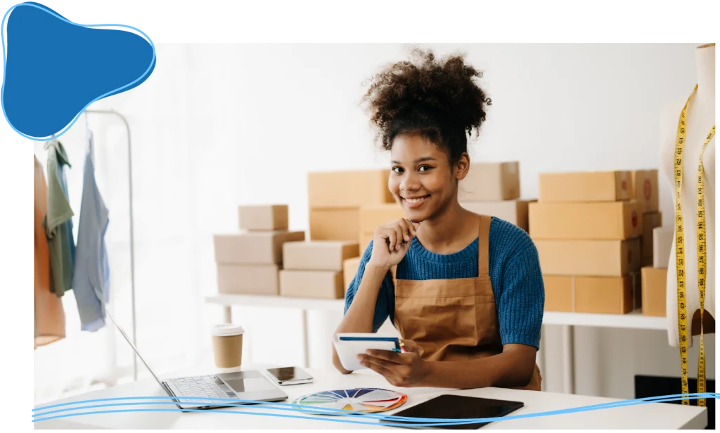 Entrepreneur owner woman using smartphone or tablet