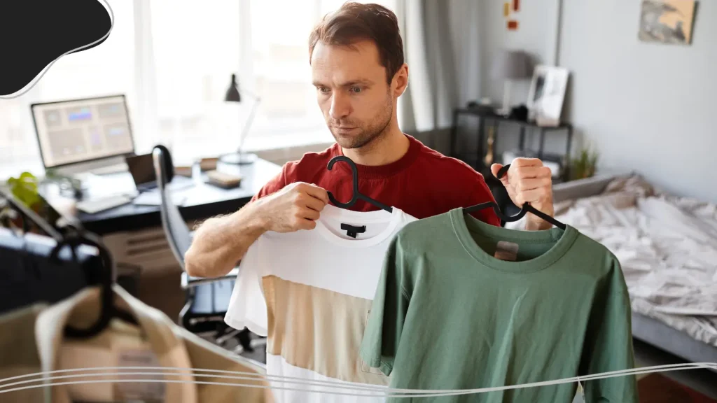 Man holding up two t-shirts