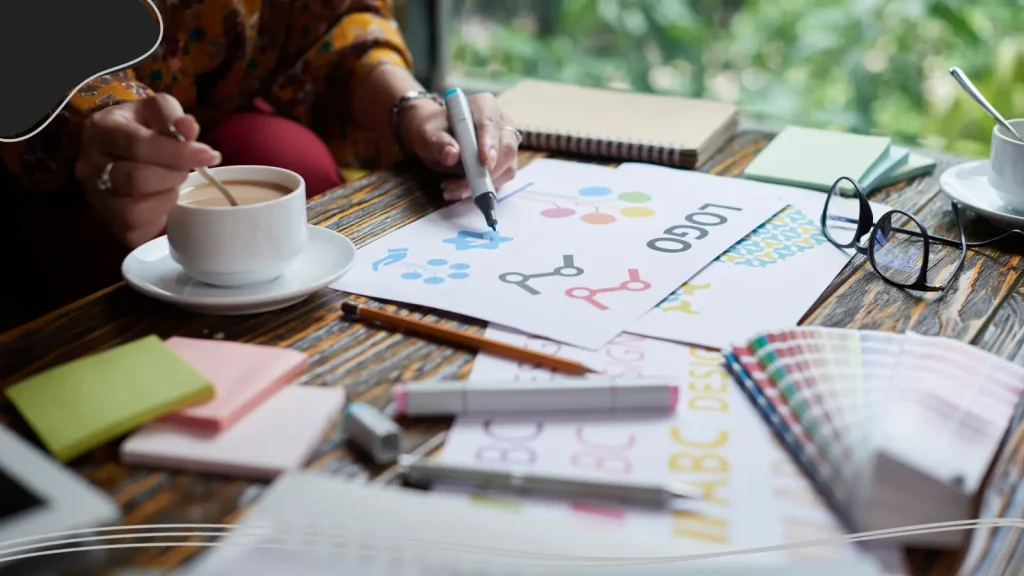 Person working on a logo design while sipping coffee