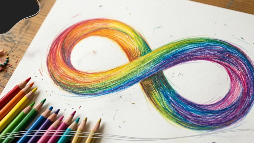 The infinity symbol drawn with colored pencils.