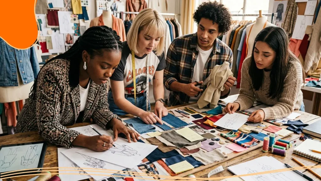People working on a clothing design, while adhering to their branding.