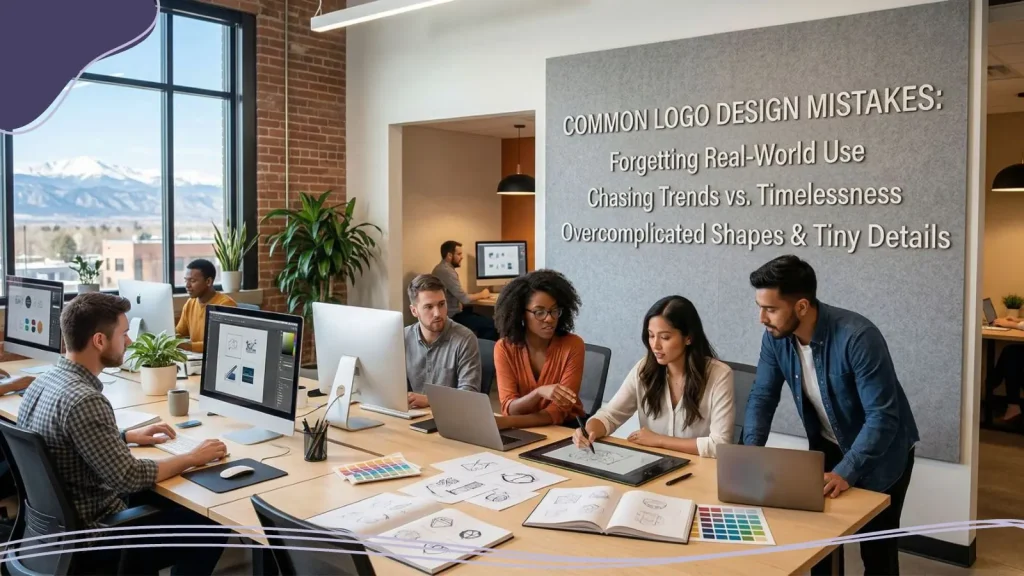 A small design agency with a wall behind them stating the top three mistakes of logo design.