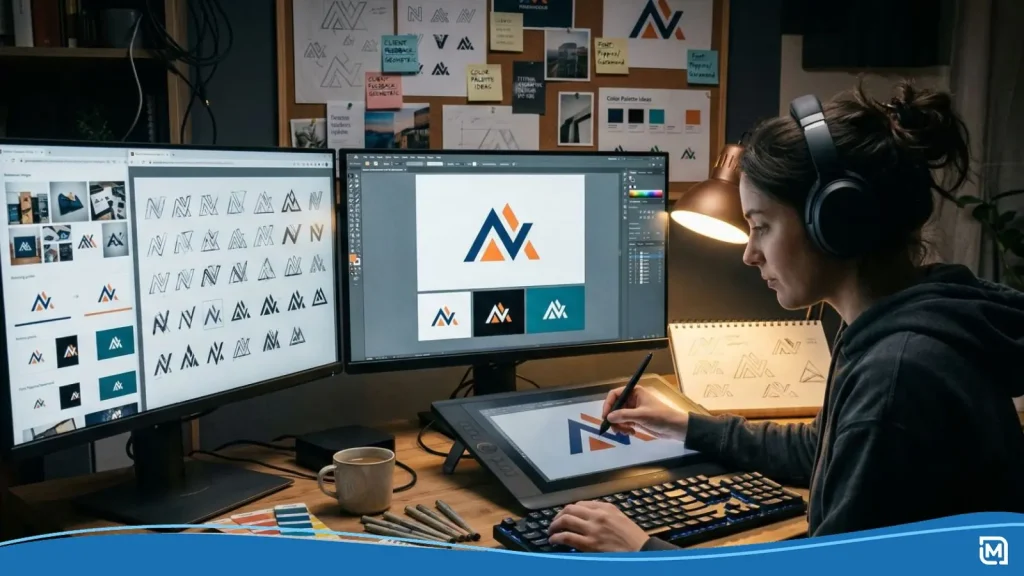 a designer making a logo in her office, working on a dual monitor setup while sketching her design.