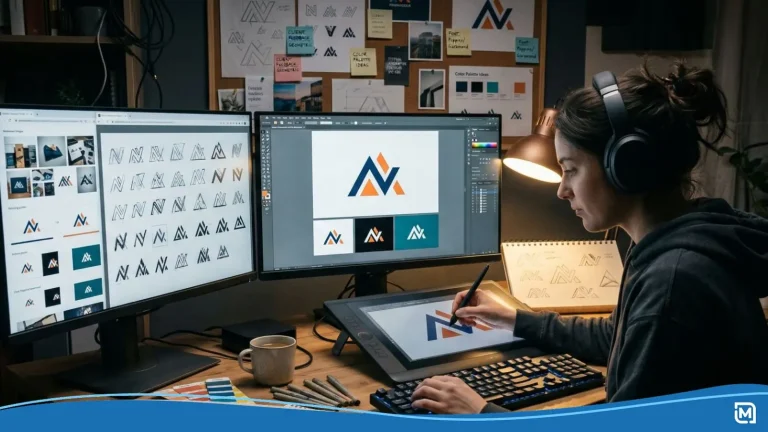 a designer making a logo in her office, working on a dual monitor setup while sketching her design.