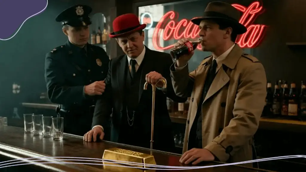 Detective at a bar drinking from a bottle with the Coca-Cola logo, in front of a large neon Coca-Cola logo sign, illustrating Coca-Cola logo history.