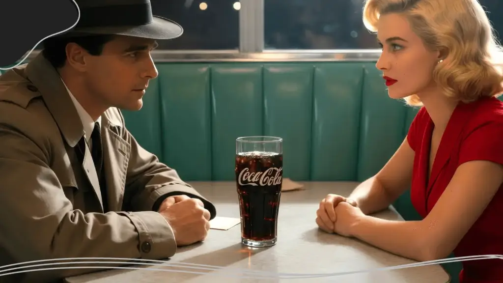 Coca-Cola logo on a tall glass between two people in a retro diner, illustrating the history of the Coca-Cola logo and its meaning.