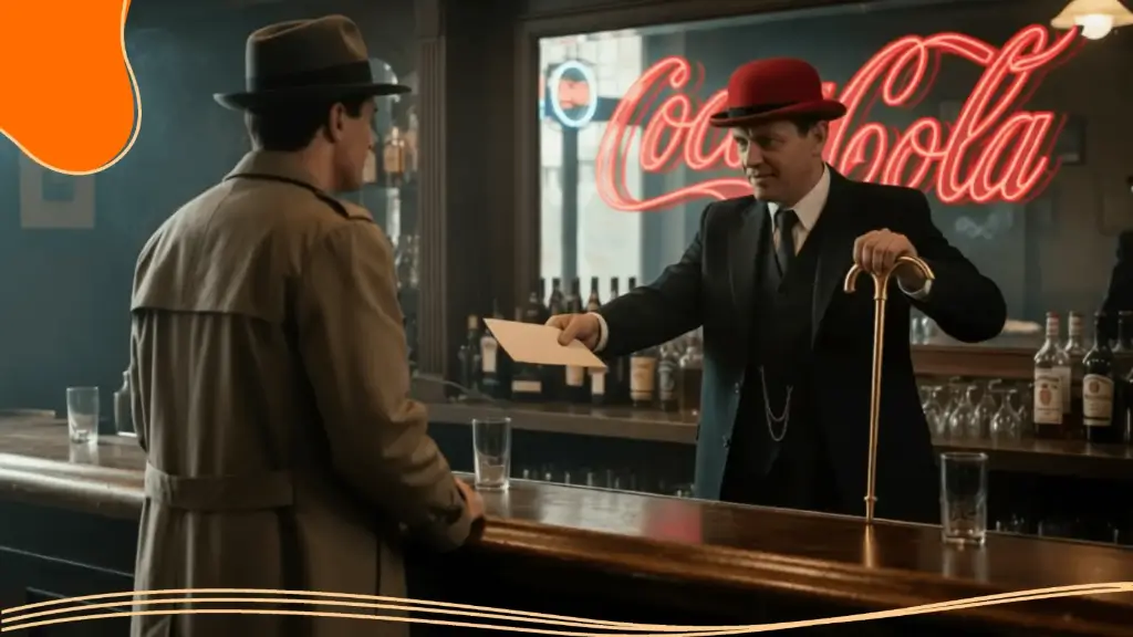 Coca-Cola logo in bright neon lettering on a bar mirror behind two men exchanging an envelope, illustrating Coca-Cola logo history.