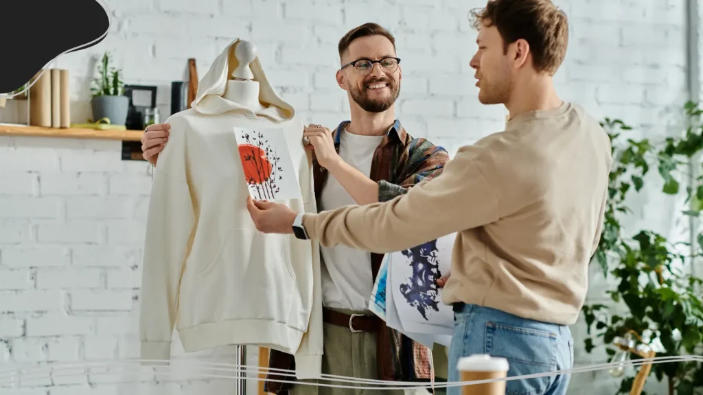 Designer positioning a logo on a hoodie