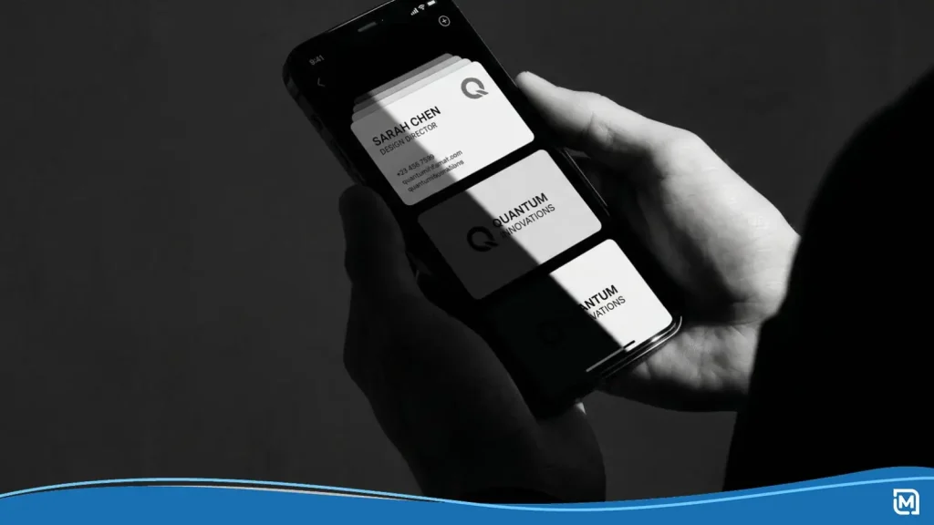 Digital business cards showing on smartphone screen.
