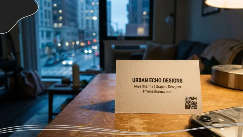 Physical business card with a QR code on them, inside a cozy room.