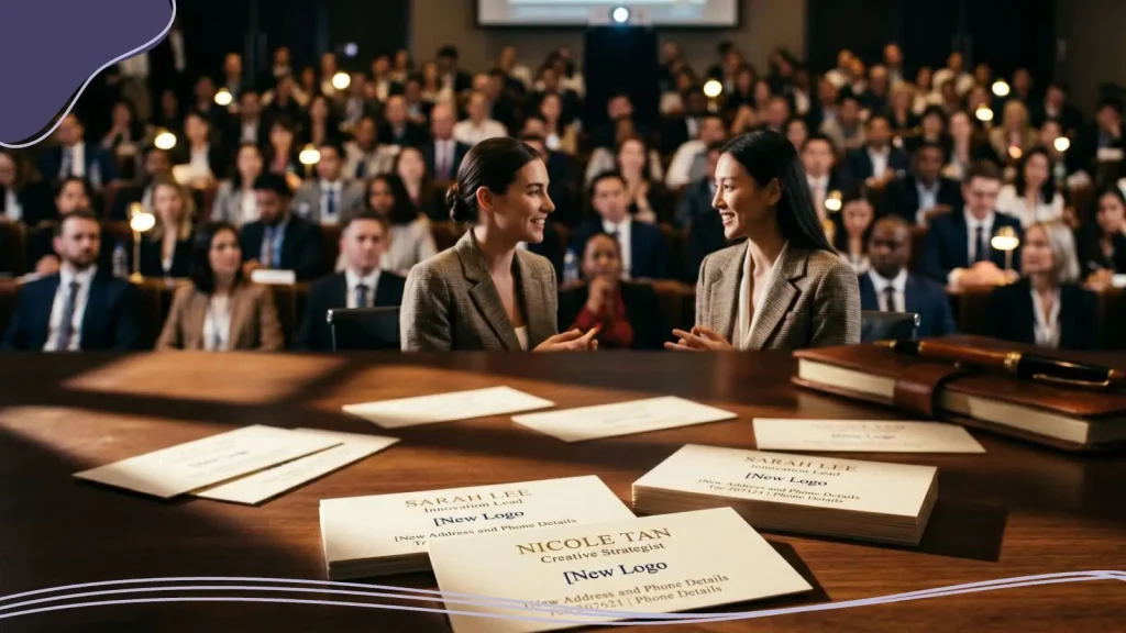 People chatting in a court room, exchanging business cards and talking about a case.
