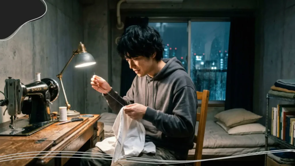 Young man stitching a T-shirt together, exploring logo color combinations for merch and logo color psychology for print to create visually appealing branded apparel.