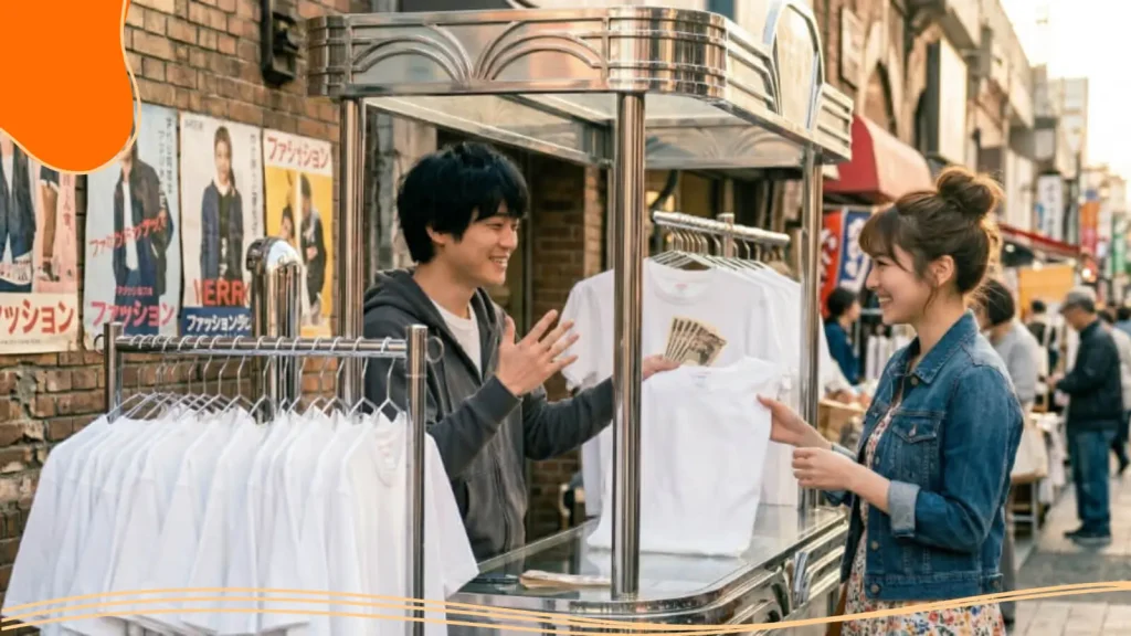 Young man selling plain white T-shirts he has created, showcasing logo color combinations for merch and applying logo color psychology for print to enhance brand appeal.