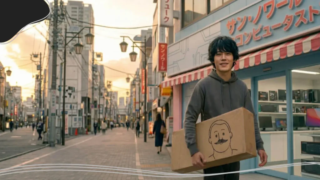 A young man walks out of a computer store carrying a large box containing a new computer, inspired by logo color combinations for merch to start his next creative branding project.
