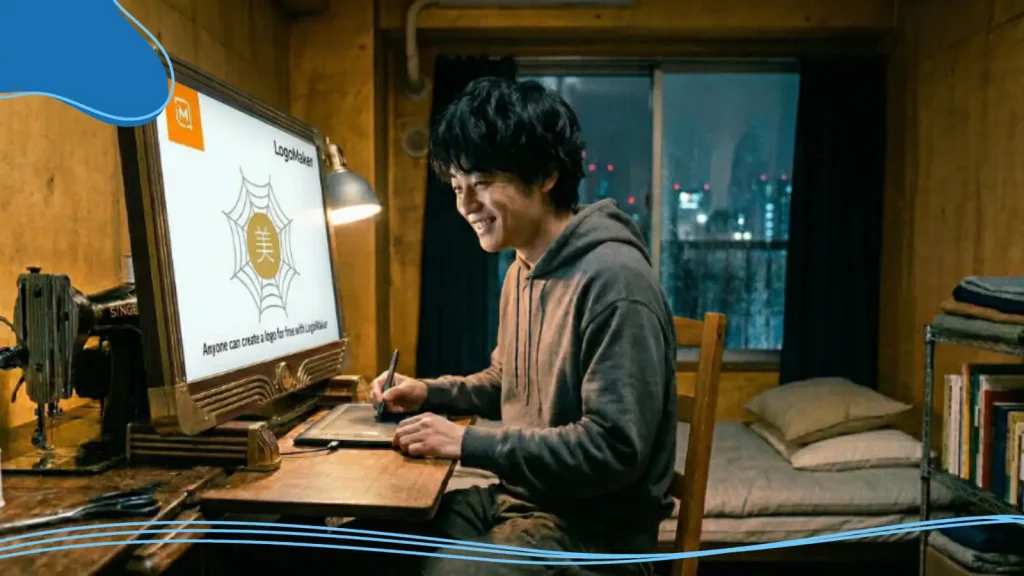 A young man uses a graphics tablet and computer to design a logo on the LogoMaker website, experimenting with logo color combinations for merch to build a strong visual identity.