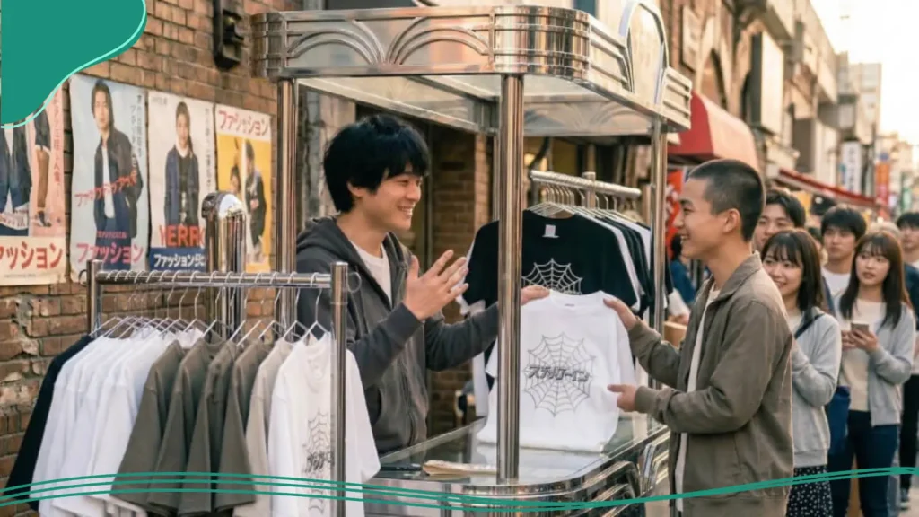 A young man sells white T-shirts featuring a spiderweb logo he created on his computer, showcasing logo color combinations for merch to attract more customers.