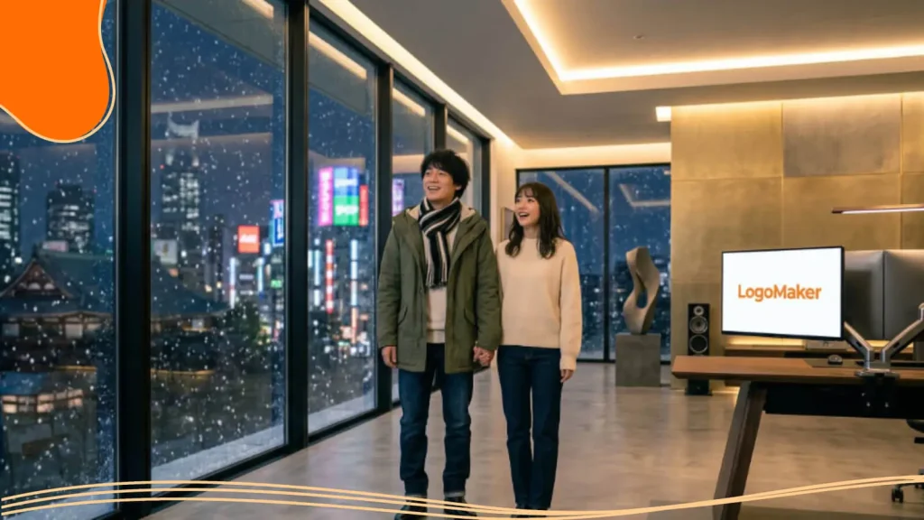 A young man and woman look around their new apartment, where a large computer monitor displays the LogoMaker website, exploring logo color combinations for merch and logo color psychology for print to build their brand identity.
