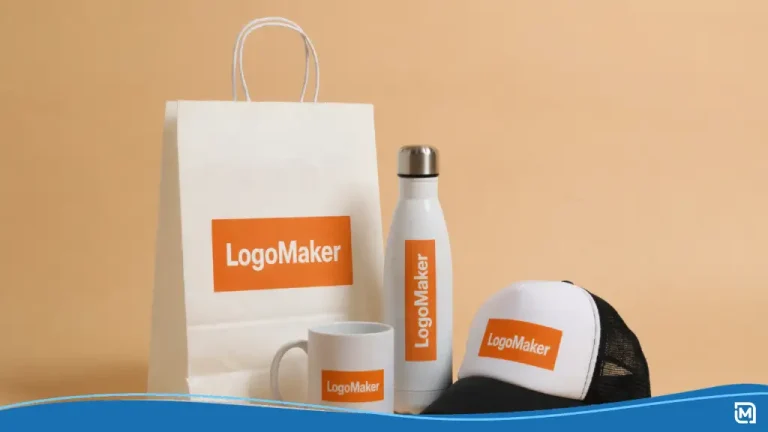 A collection of branded items showcasing company swag ideas, including a custom logo mug, a tumbler with a lid, a branded baseball cap, and a company swag gift bag.