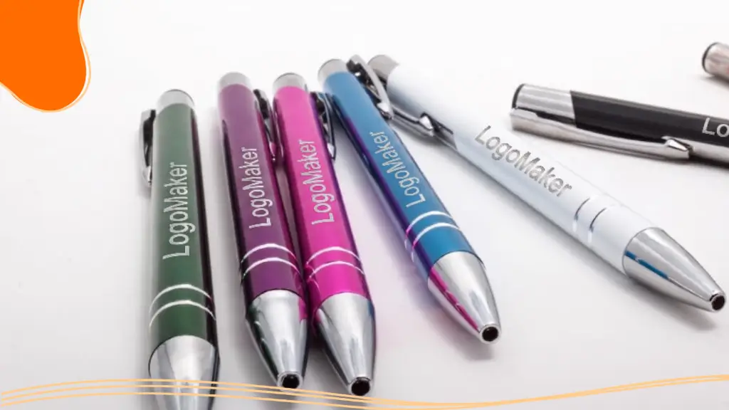 A collection of branded office supplies, including an assortment of custom logo pens.