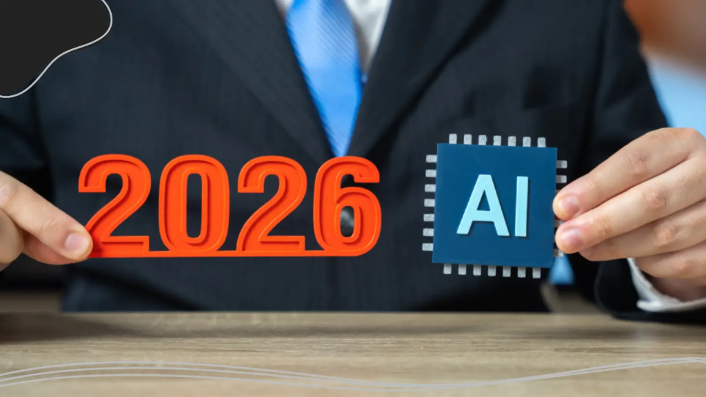 Someone holds up red lettering spelling 2026 and blue lettering for AI, symbolizing the rise of free AI logo generators.