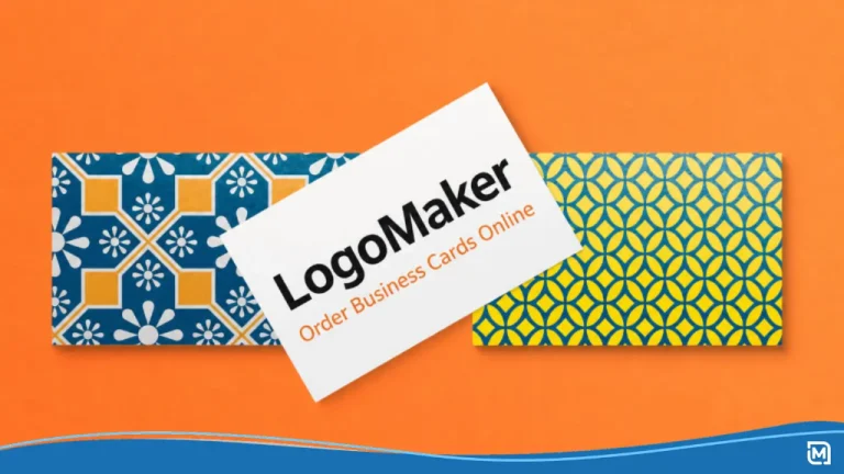 A business card shows the text LogoMaker: Order Business Cards Online