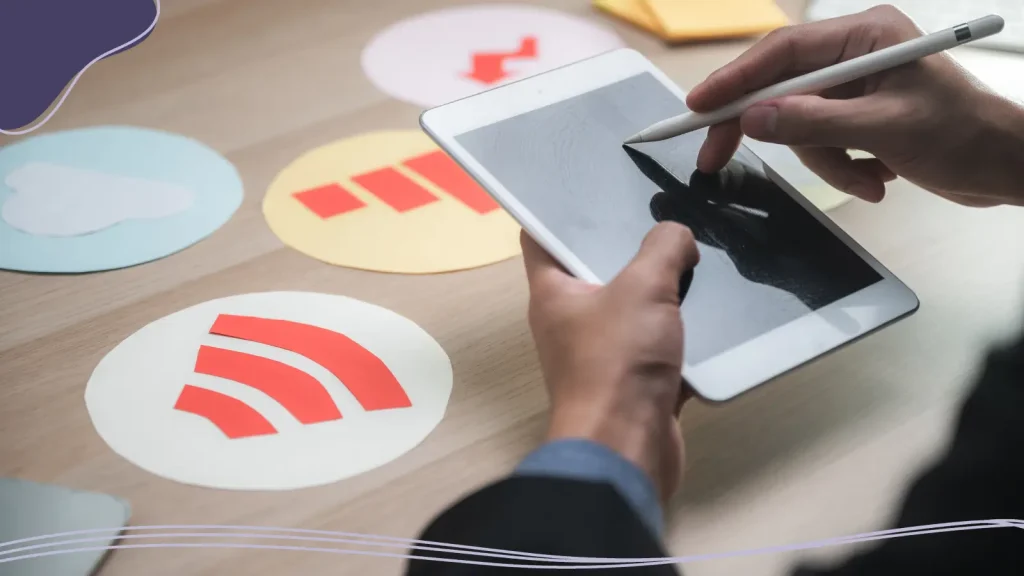 Logo designs on a table