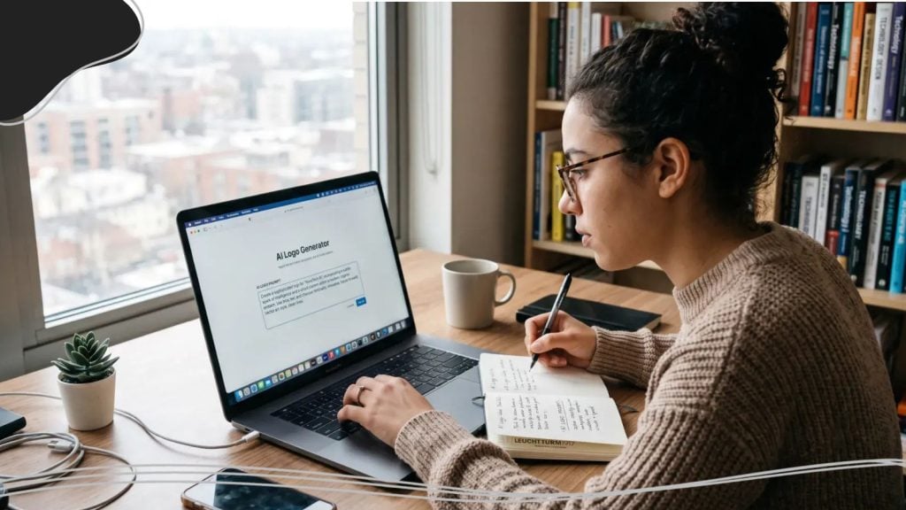 Person working on an AI prompt for logo making on her laptop.
