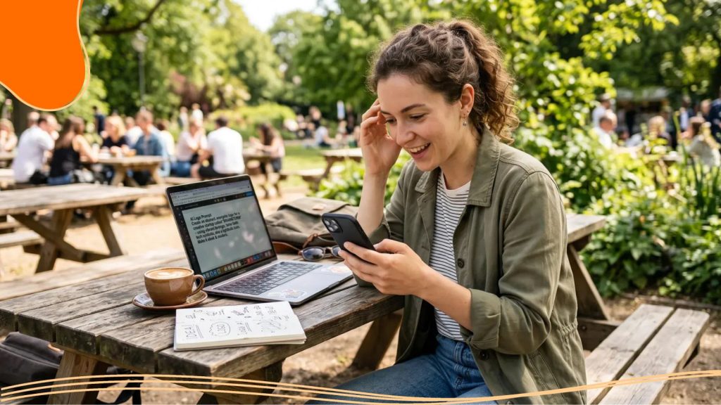 Woman writing a prompt on her laptop while chatting in her smartphone.