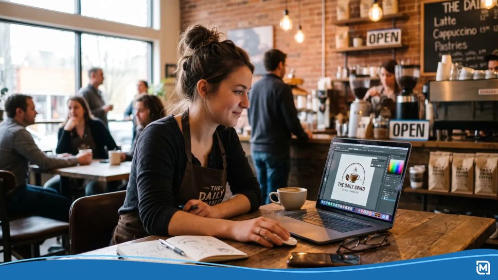 AI Logo Prompts, woman working on her laptop, and designing her store's logo.