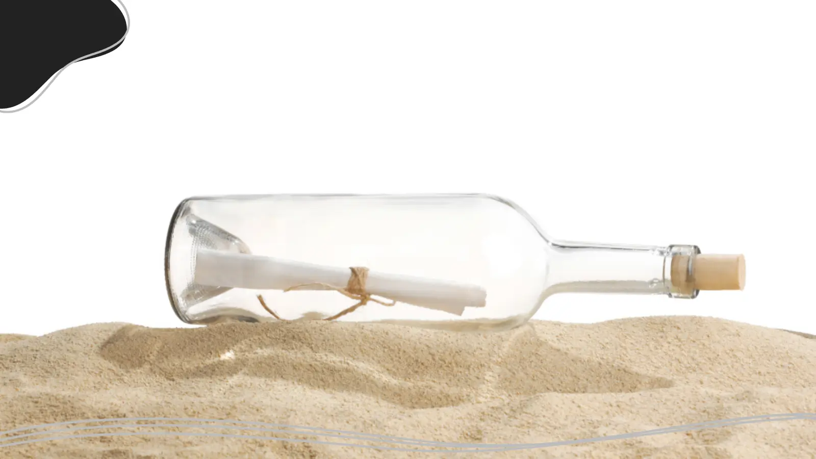 A clear glass bottle corked with a stopper lies horizontally on sand, containing a rolled-up paper message tied with twine against a plain white background, representing personalized branding through a unique and thoughtful message.