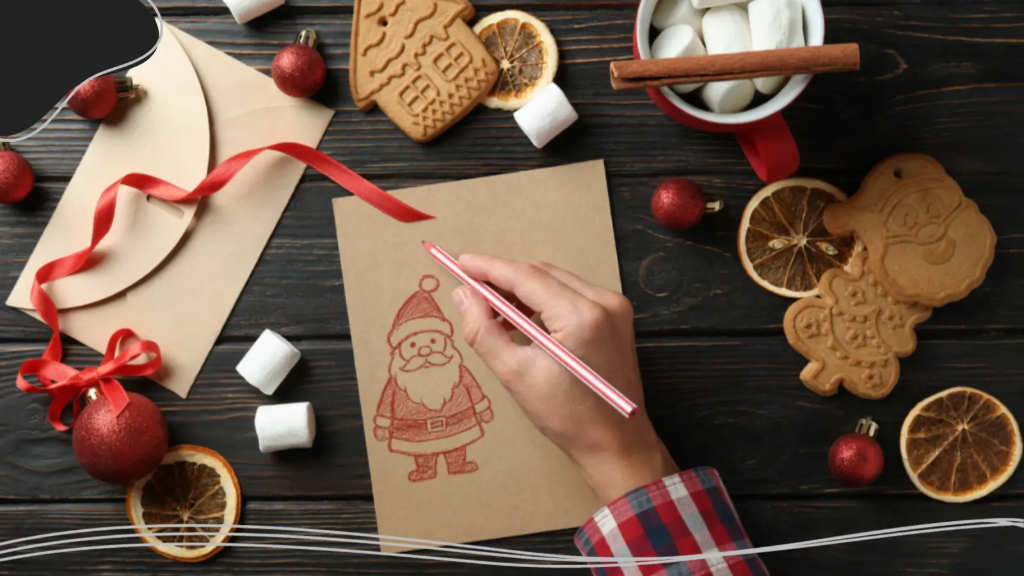 A person crafting handmade holiday greetings for best friends on craft paper surrounded by gingerbread cookies, marshmallows, and dried orange slices.