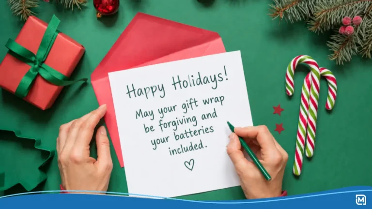 Handwriting funny holiday card messages on a white card with red envelope, featuring the text "Happy Holidays! May your gift wrap be forgiving and your batteries included," surrounded by gifts and candy canes.