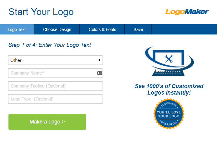 Step 1 of our logo maker displaying fields that need to be entered industry company name company tagline and logo type